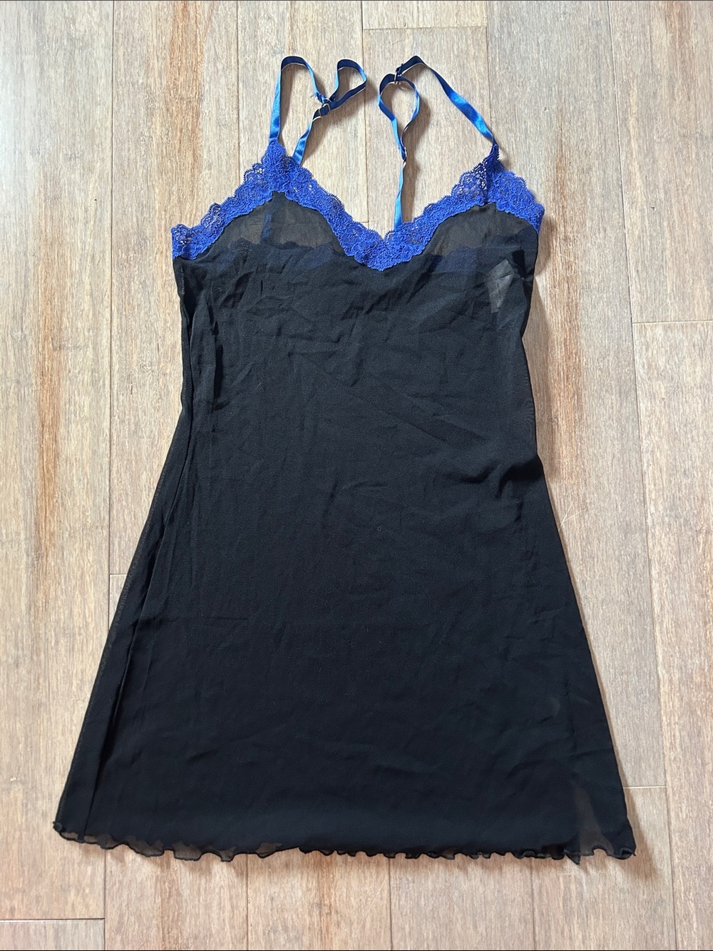 Intimissimi Black Slip with Blue Lace Trim size M mesh stretchy